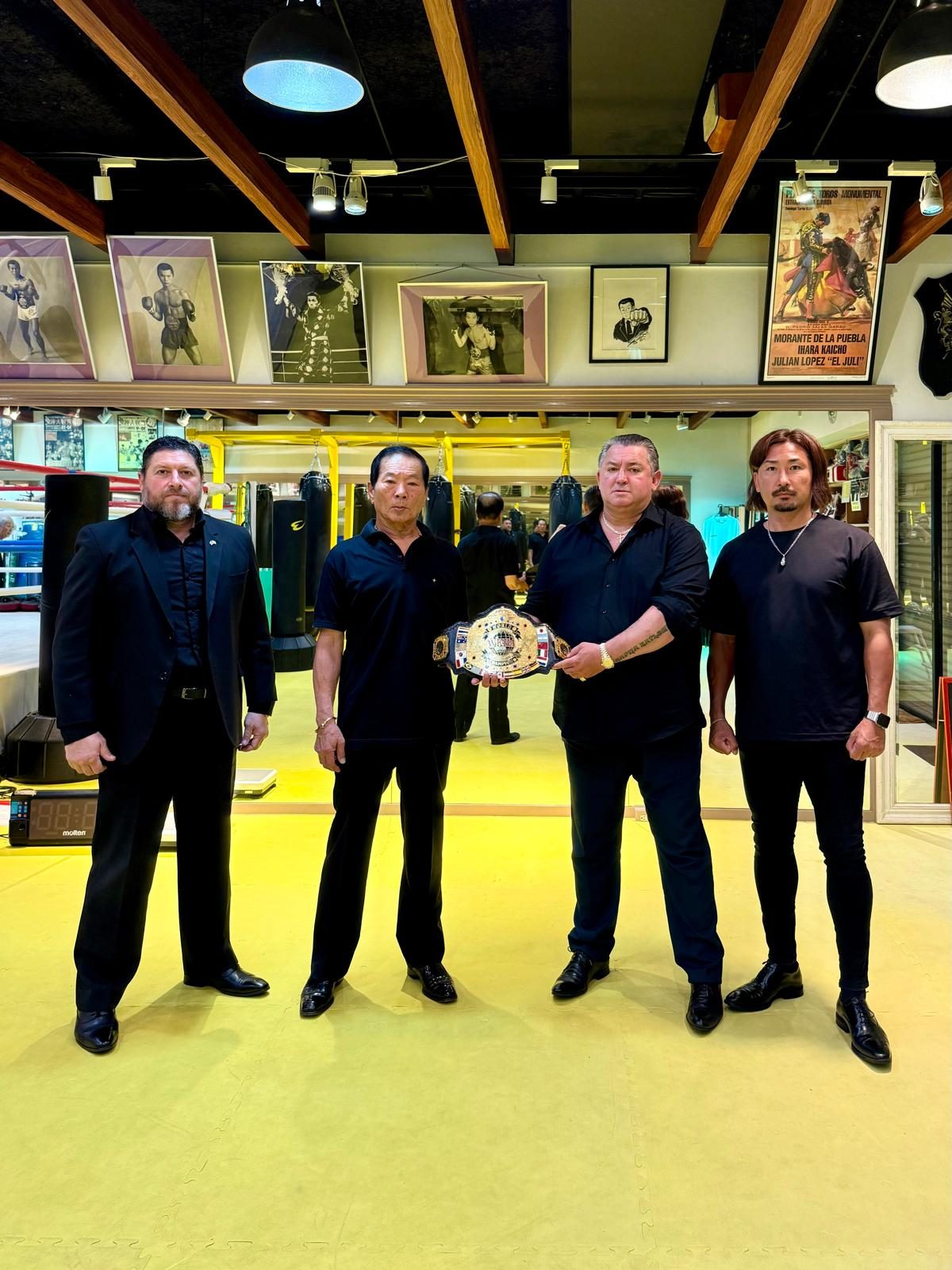 Diego, Ihara Kaicho, Chinto and Yu Kawakubo with the WKBA champion belt, Ihara Dojo, 2026