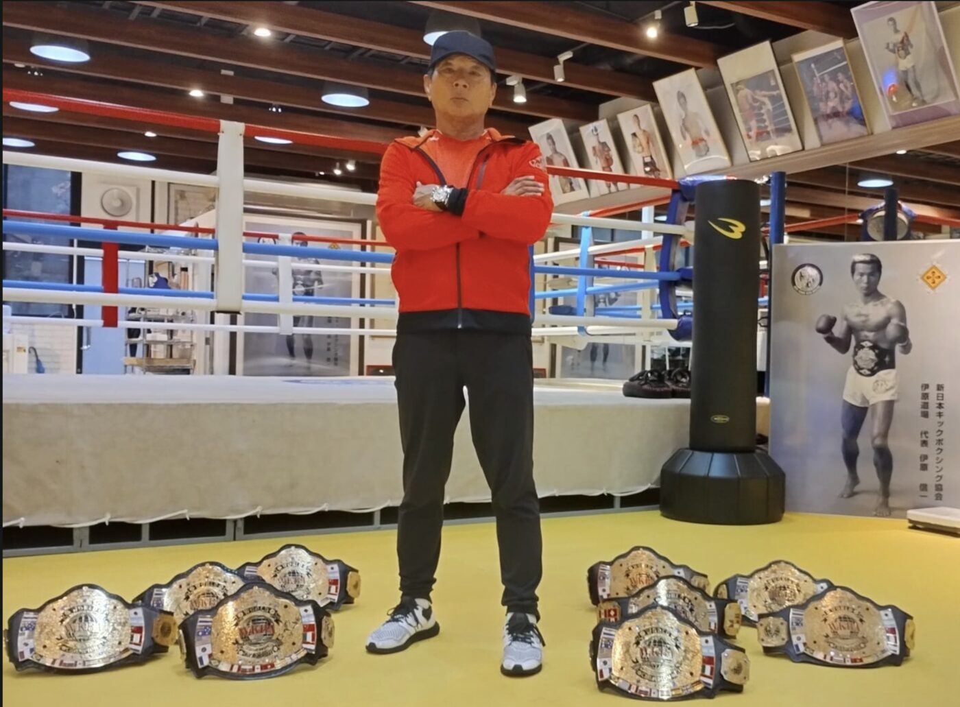 Ihara Kaicho with WKBA championship belts, Ihara Dojo, Tokyo